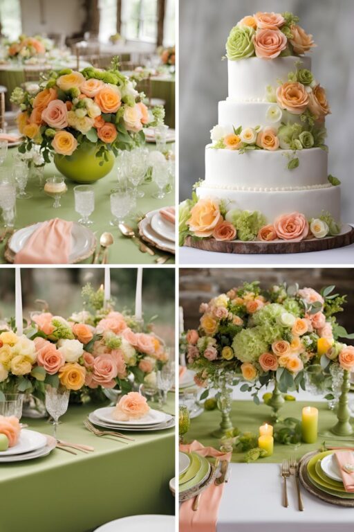 A photo collage of lime green, peach, old rose, and yellow wedding color ideas.