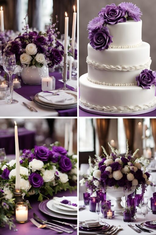 A photo collage of purple and white wedding color ideas.