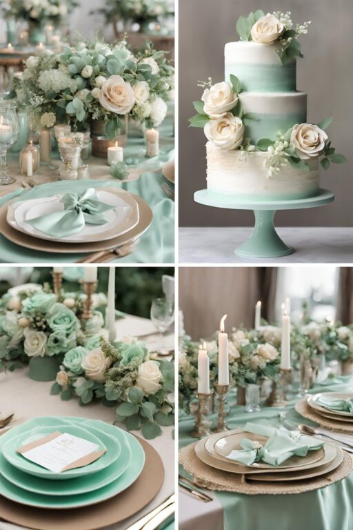 A photo collage of mint green and beige wedding color ideas.