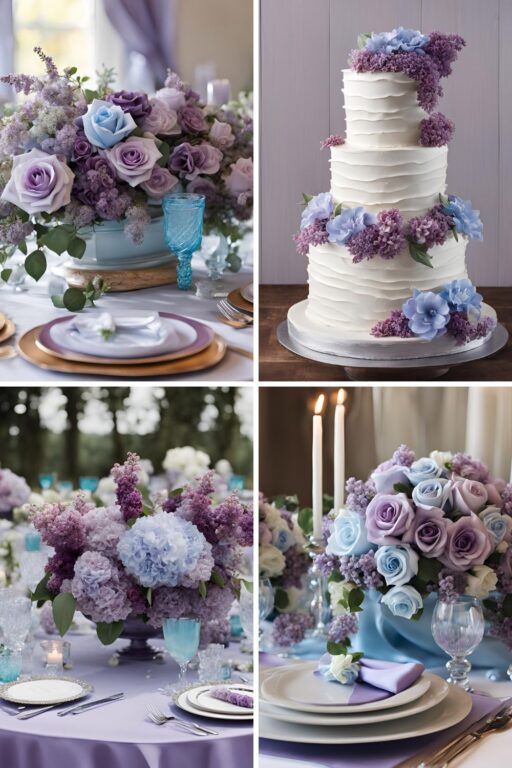 A photo collage of lilac, sky blue, and purple wedding color ideas.