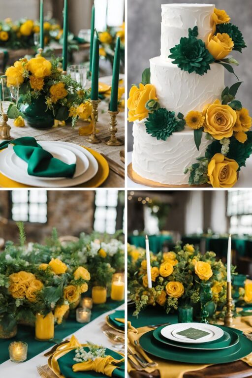 A photo collage of emerald green, mustard yellow, and white wedding color ideas.