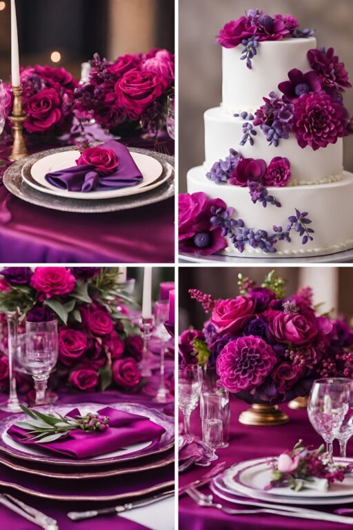 A photo collage of magenta and purple wedding color ideas.
