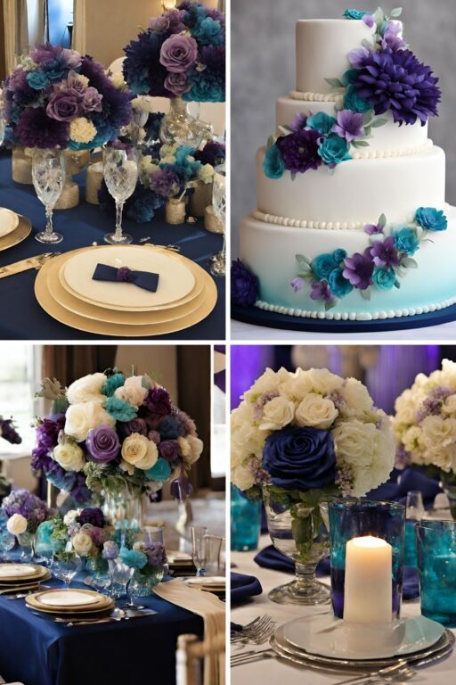 A photo collage of navy, purple, champagne, and turquoise wedding color ideas.