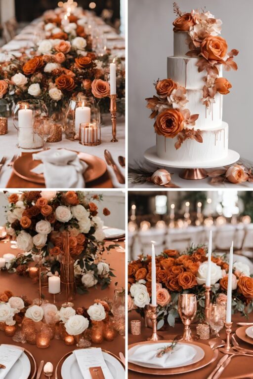 A photo collage of burnt orange and rose gold wedding color ideas.