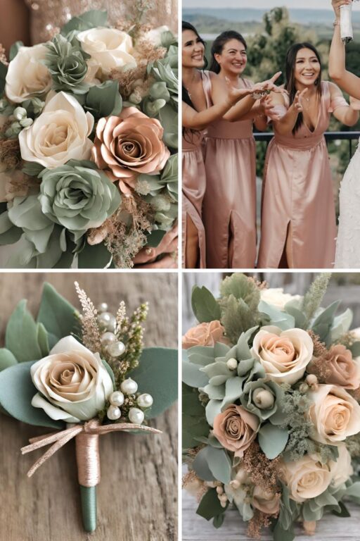 A photo collage of rose gold, sage green, and beige wedding color ideas.