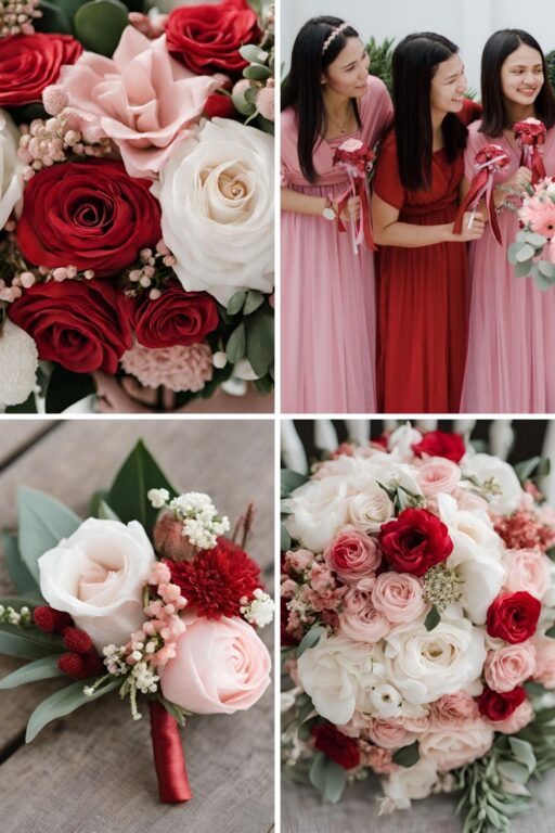 A photo collage of red, soft pink, and white wedding color ideas.