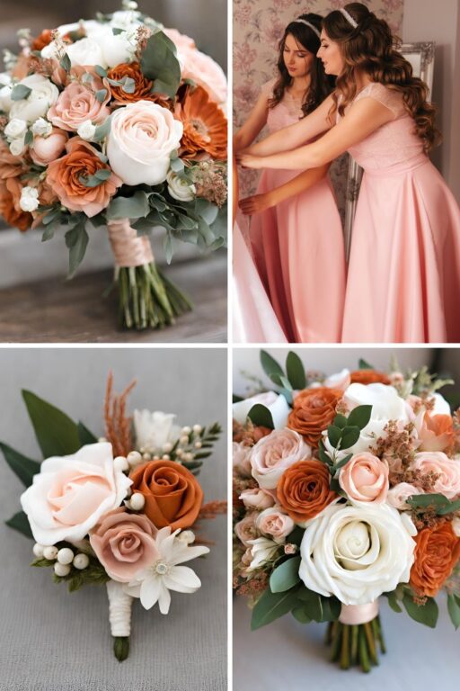 A photo collage of burnt orange, blush pink, and white wedding color ideas.
