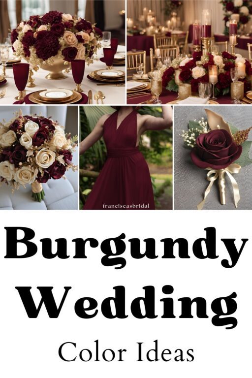 A photo collage of burgundy wedding color ideas.