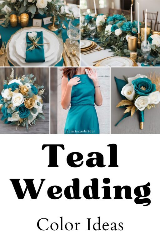 A photo collage of teal blue wedding color ideas.