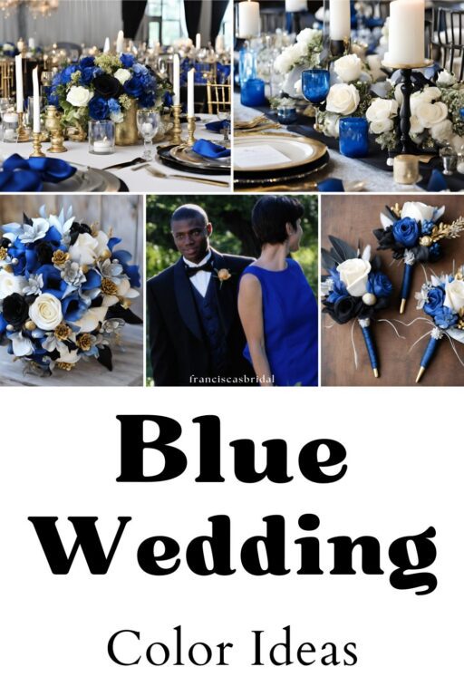 A photo collage of blue wedding color palette ideas.