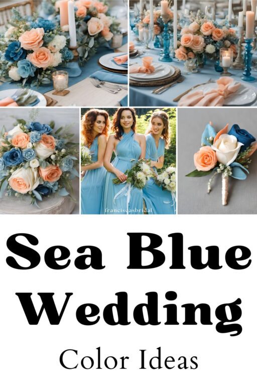 A photo collage of sea blue and peach wedding color ideas.