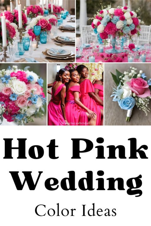 A photo collage of hot pink and blue wedding color ideas.