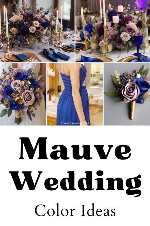 A photo collage of royal blue and mauve wedding color ideas.