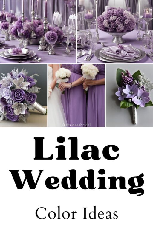 A photo collage of lilac wedding color ideas.
