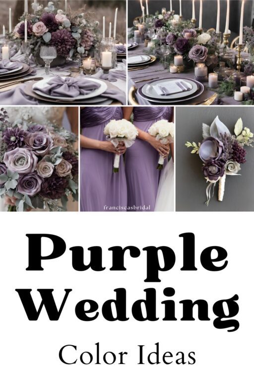 A photo collage of dusty purple wedding color ideas.
