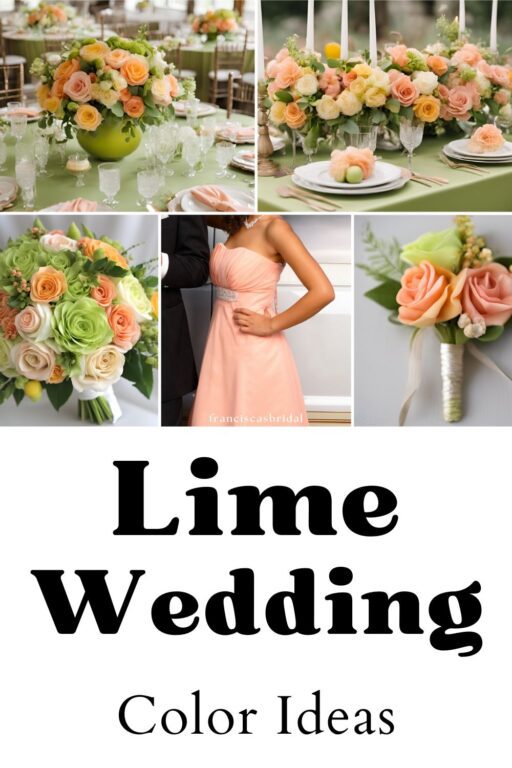 A photo collage of lime green wedding color ideas.