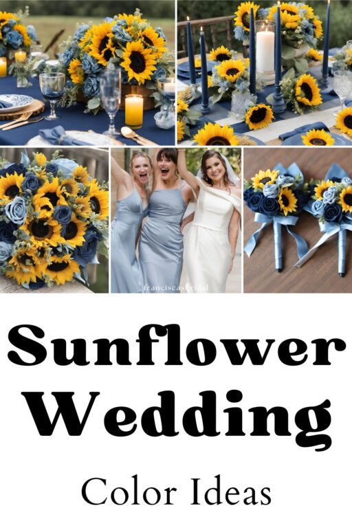 A photo collage of sunflower and blue wedding color ideas.