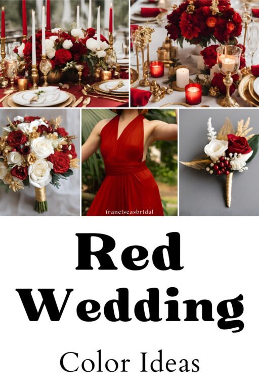 A photo collage of red wedding color ideas.