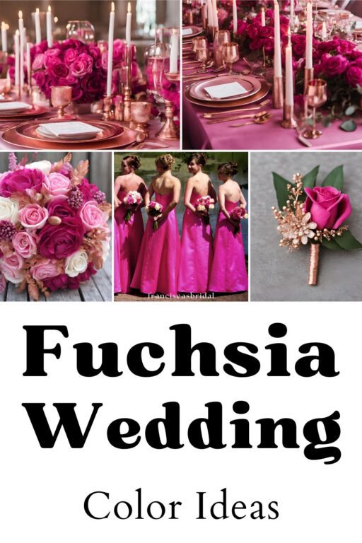 A photo collage of fuchsia wedding color ideas.