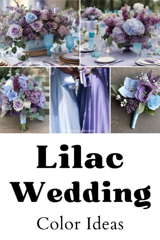 A photo collage of lilac and sky blue wedding color ideas.