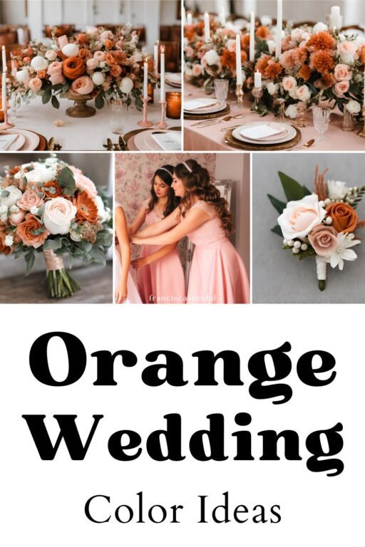 A photo collage of burnt orange and blush pink wedding color ideas.