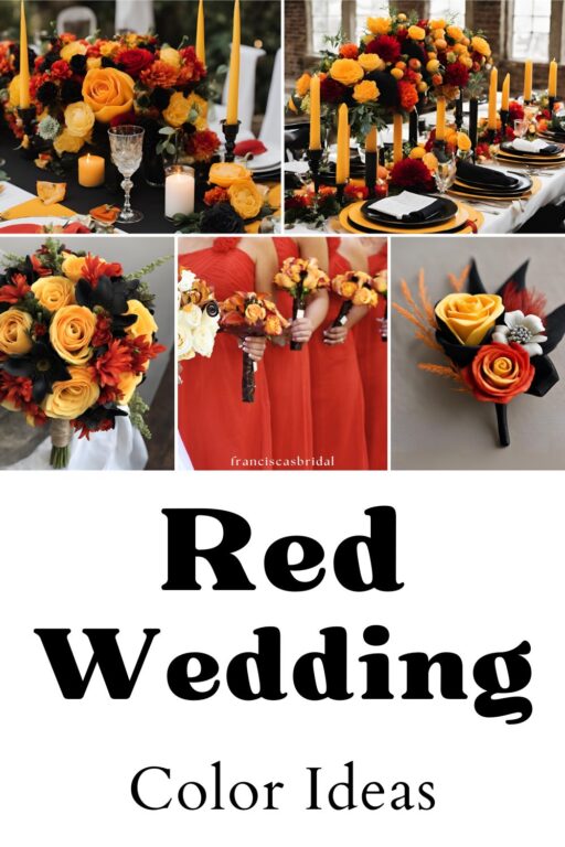 A photo collage of red and black wedding color palette.