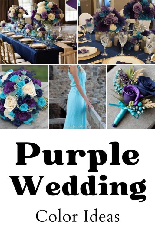 A photo collage of purple and blue wedding color ideas.