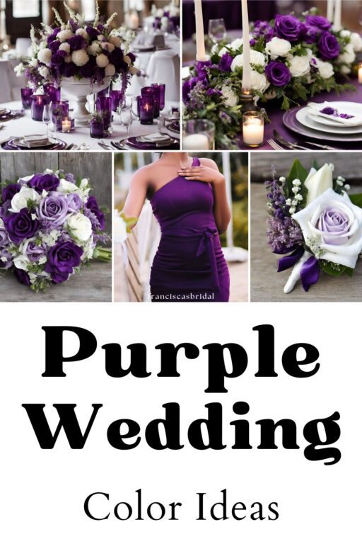 A photo collage of purple wedding color ideas.