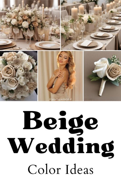 A photo collage of beige and champagne wedding color ideas.