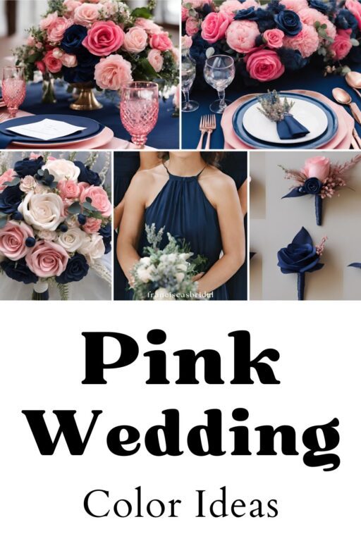 A photo collage of rosy pink and navy blue wedding color ideas.