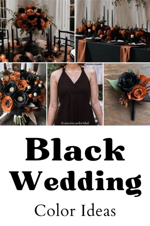A photo collage of black and rust wedding color ideas.