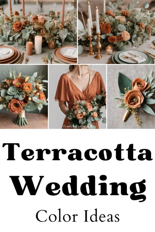 A photo collage of terracotta and sage wedding color ideas.