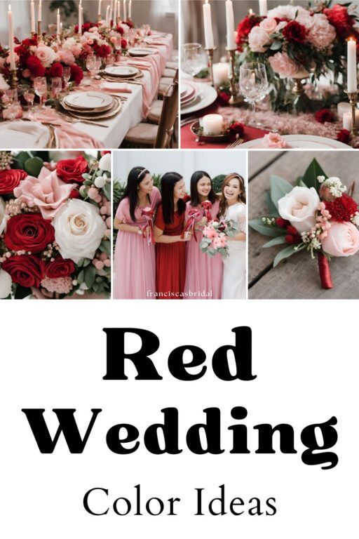 A photo collage of red and pink wedding color ideas.