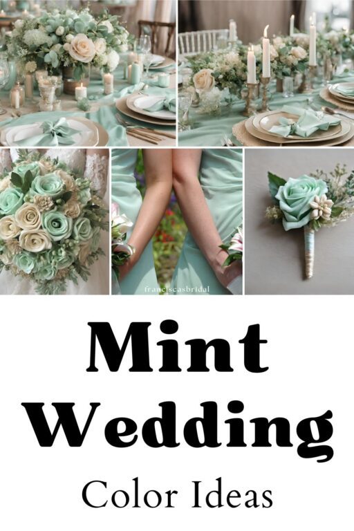 A photo collage of mint green wedding color ideas.