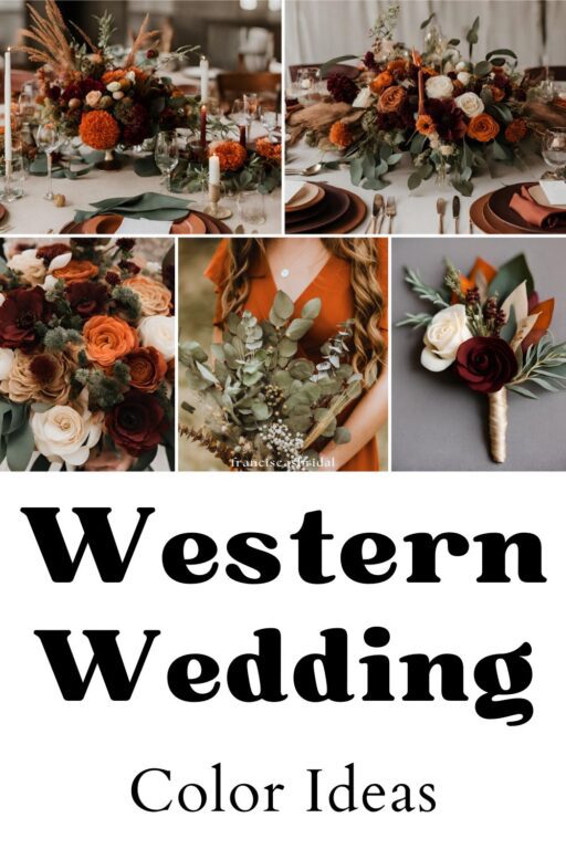 A photo collage of western wedding color palette ideas.