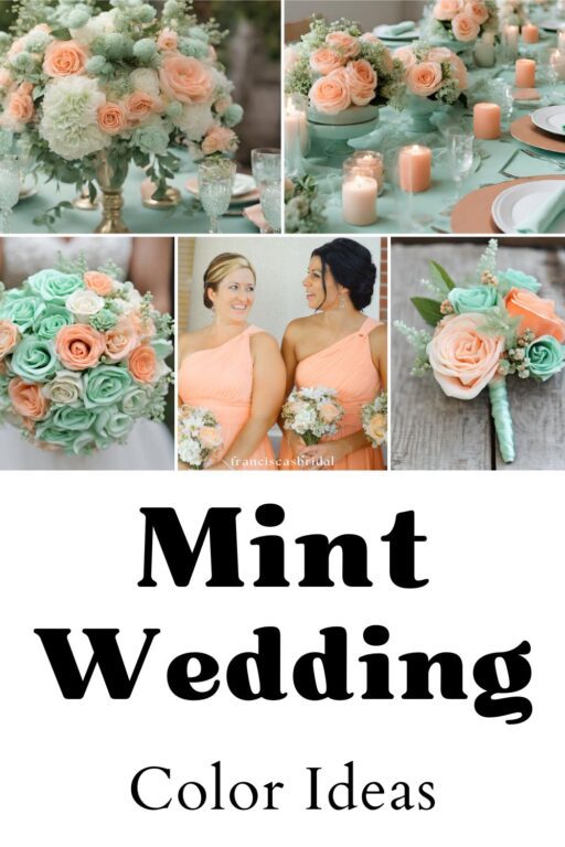 A photo collage of mint and peach wedding color ideas.