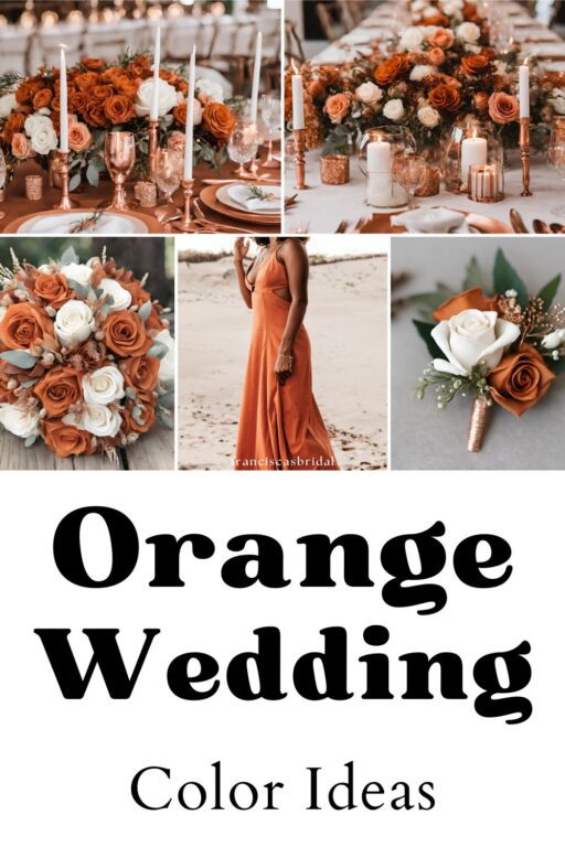 A photo collage of burnt orange wedding color ideas.