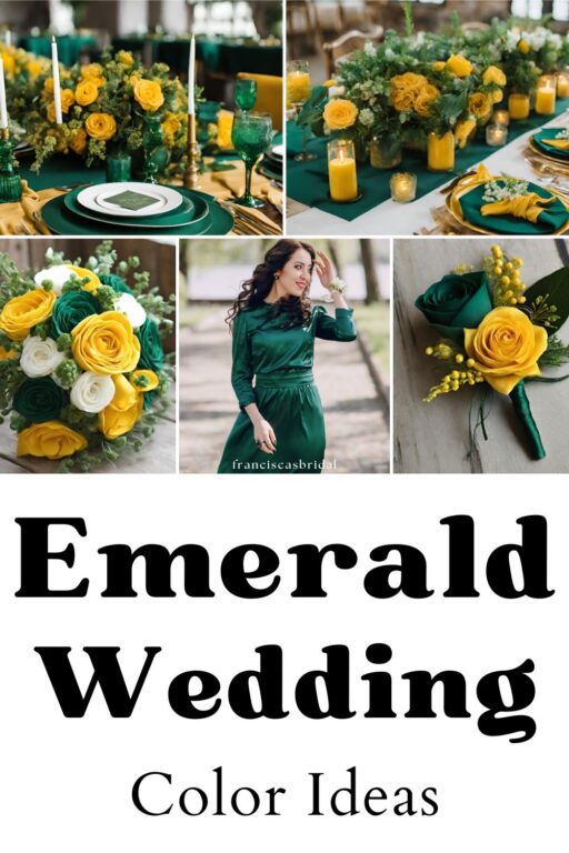 A photo collage of emerald and yellow wedding color ideas.