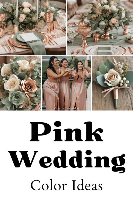 A photo collage of rose gold and sage green wedding color ideas.