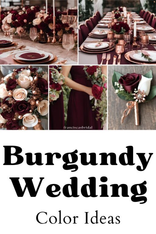 A photo collage of burgundy wedding color ideas.