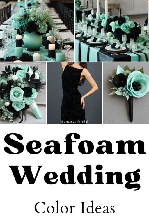 A photo collage of seafoam green wedding color ideas.