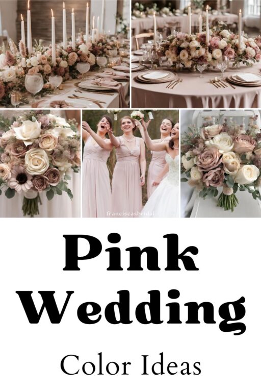 A photo collage of dusty pink and mauve wedding color ideas.