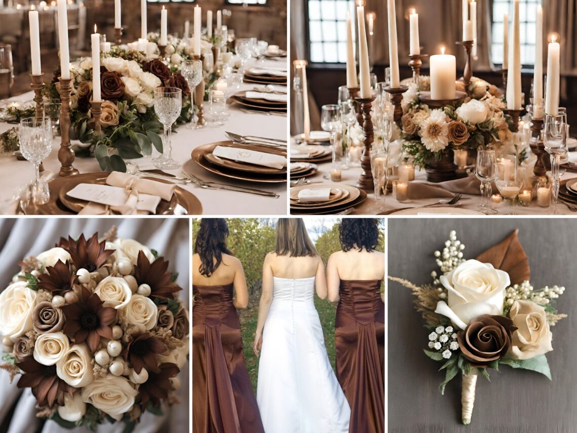 A photo collage of brown, beige, and champagne wedding color ideas.