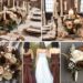 A photo collage of brown, beige, and champagne wedding color ideas.