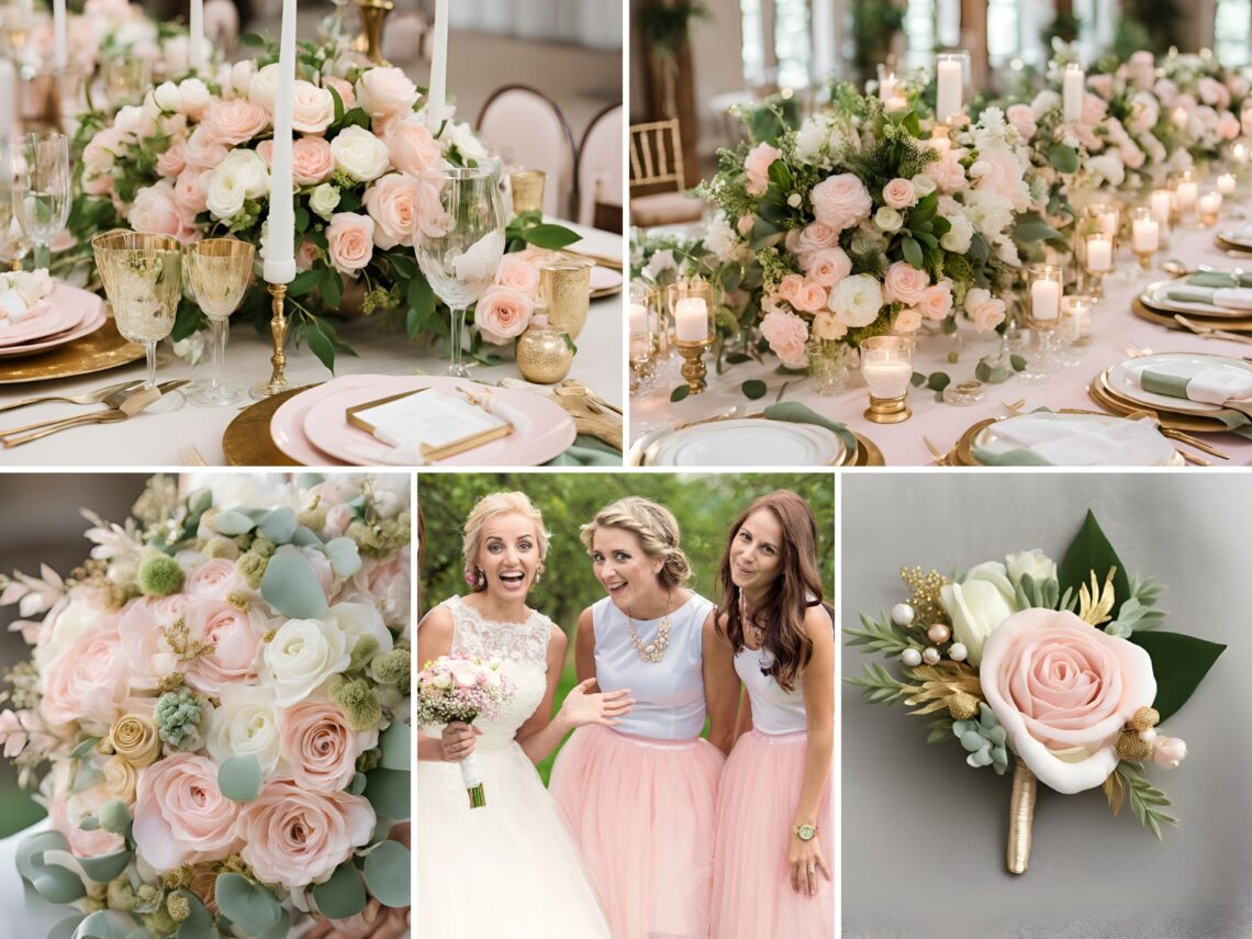 A photo collage of pastel pink, gold, green, and white wedding color ideas.