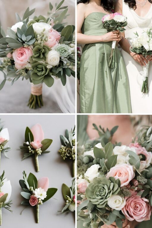 A photo collage of olive green, sage green, and sweet pink wedding color ideas.