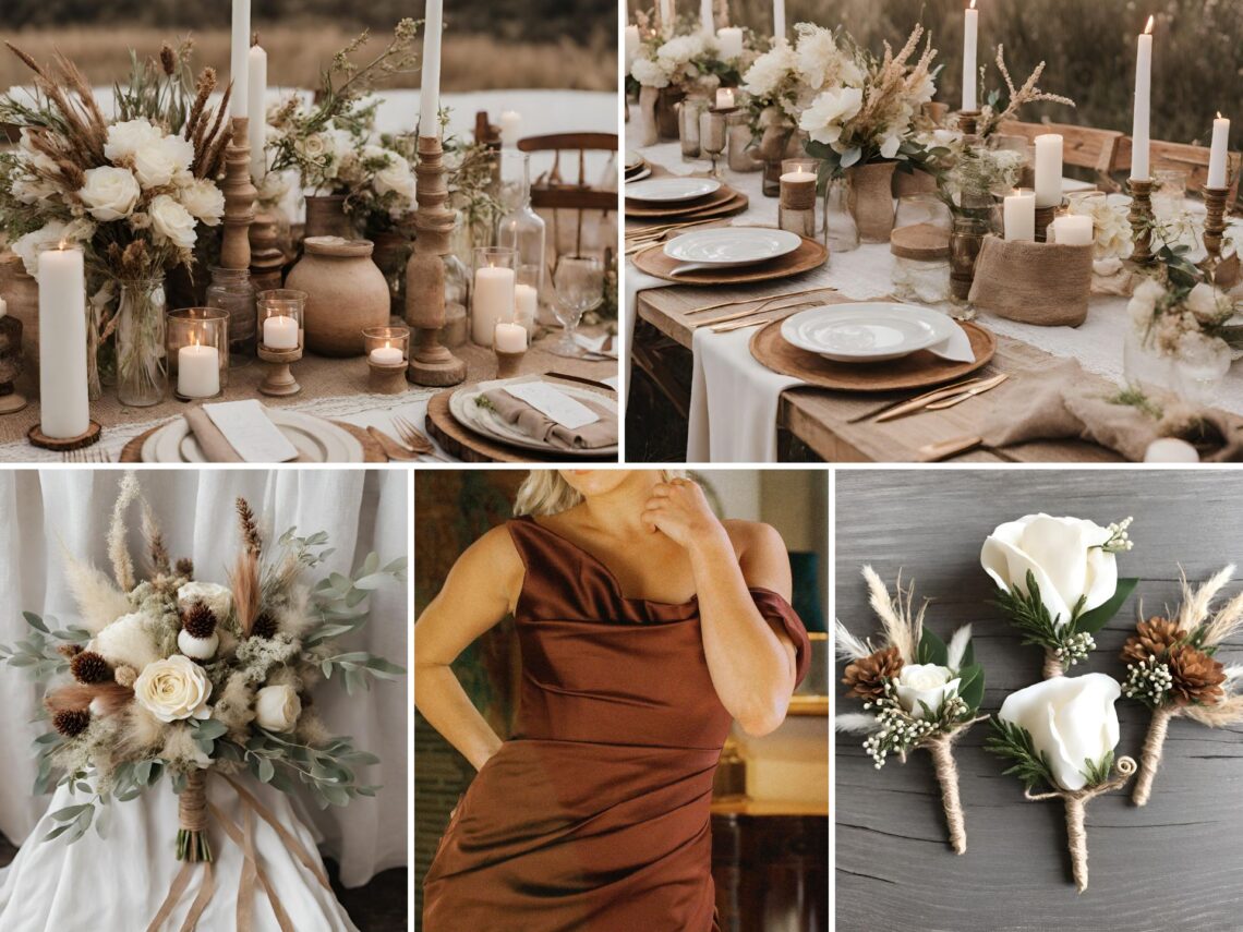 A photo collage of rustic boho and ivory wedding color ideas.