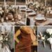 A photo collage of rustic boho and ivory wedding color ideas.