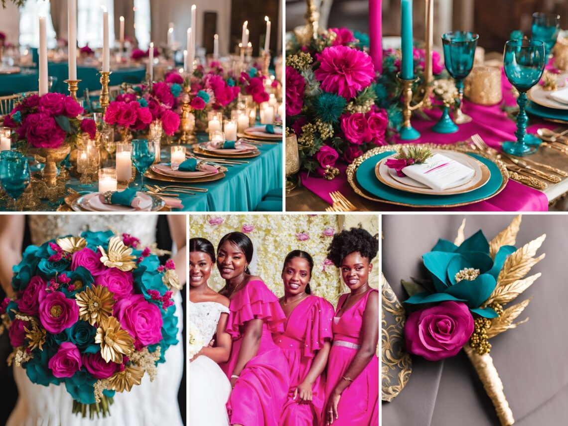 A photo collage of teal blue, fuchsia pink, and gold wedding color ideas.