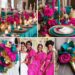 A photo collage of teal blue, fuchsia pink, and gold wedding color ideas.